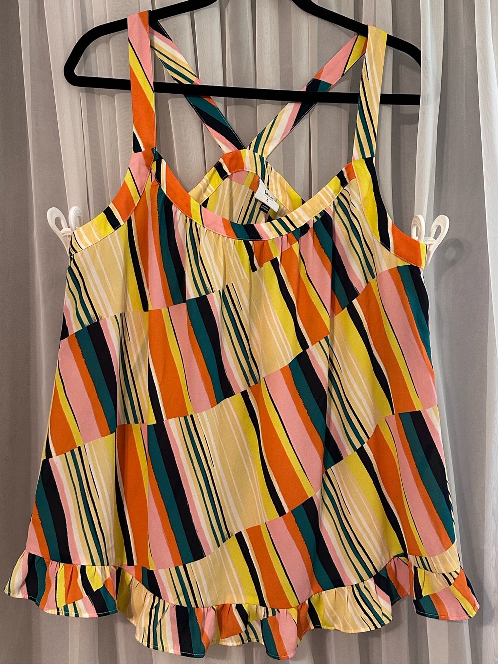 Cabi Multicolor Striped Ruffle Hem Racer Back Swing Tank Top Size L
